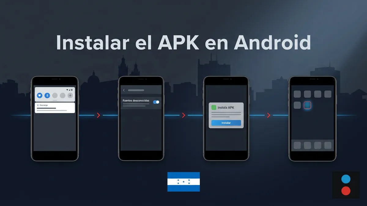 Cuatro pantallas de celular Android mostrando los pasos para instalar el APK de Megapari en Honduras