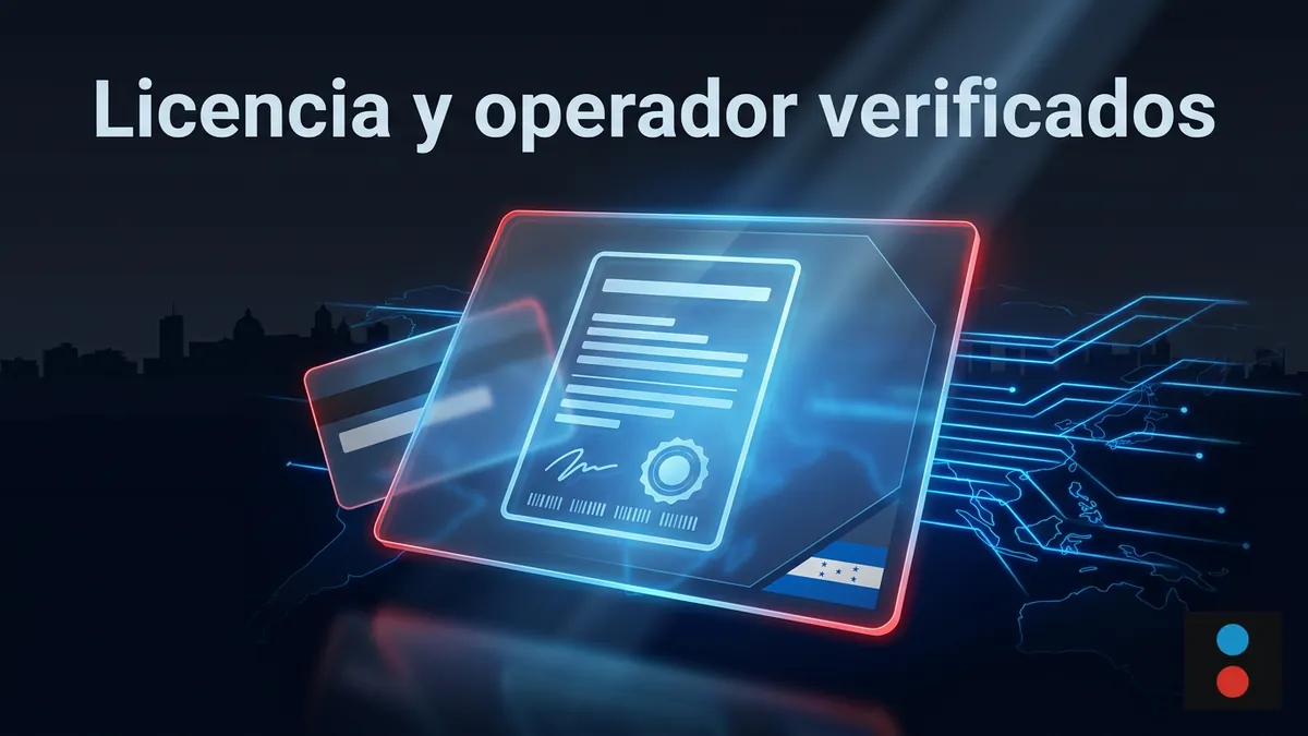 Tarjetas de documentos estilizadas que representan la licencia y el operador de Megapari, con el perfil de Tegucigalpa de fondo