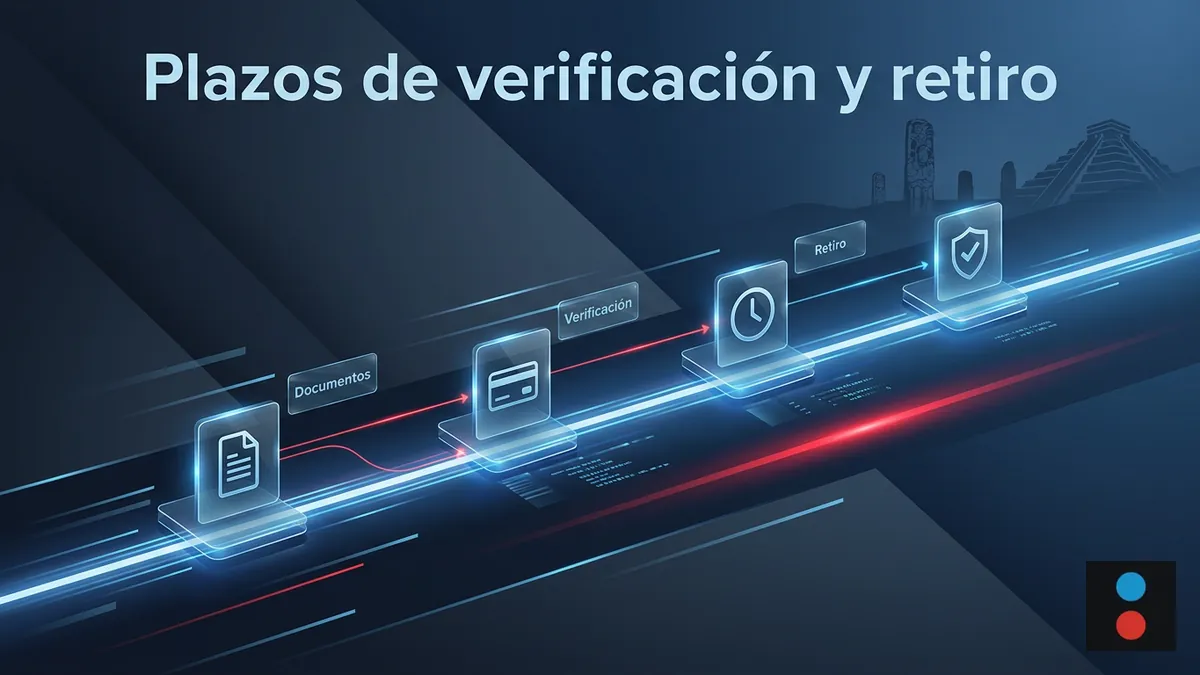Línea de tiempo luminosa con iconos de documentos, verificación y retiro que ilustra los plazos de pago de Megapari