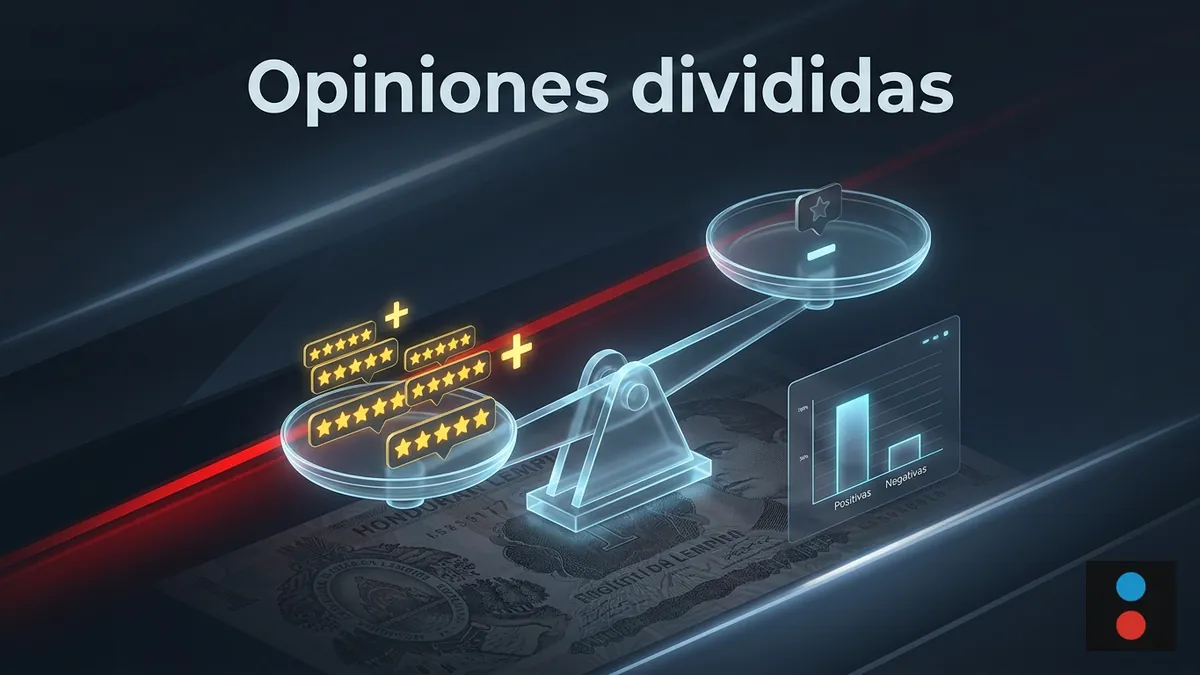 Balanza de vidrio iluminada representando opiniones divididas de cinco y una estrella sobre Megapari, con textura de billete de lempiras