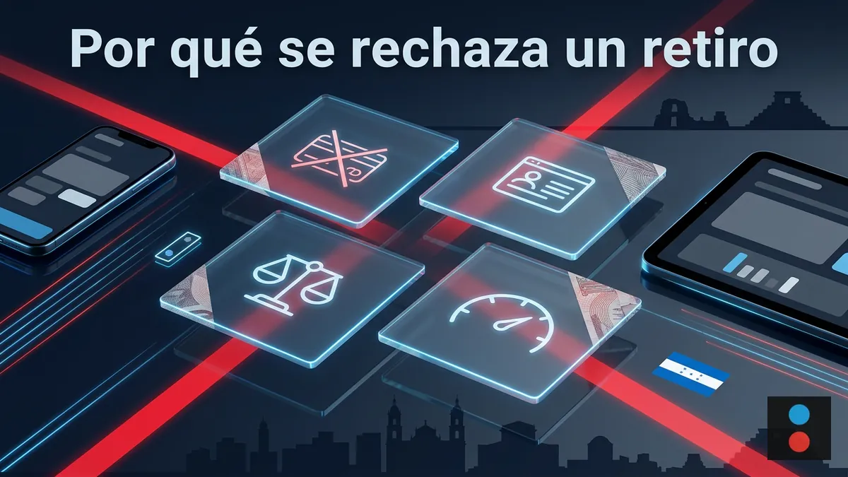 Cuadrícula de tarjetas de vidrio con los motivos por los que Megapari puede rechazar un retiro en Honduras